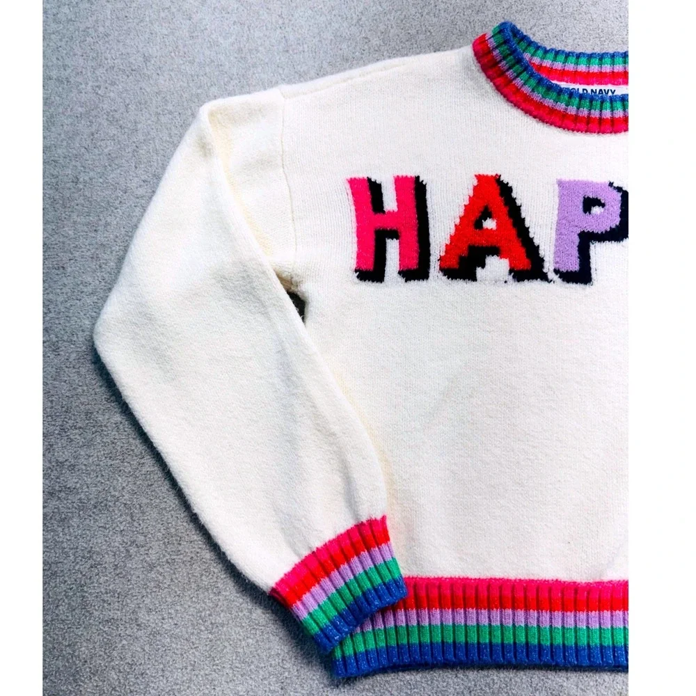 Old Navy Sweater Kids M 8 Cream Rainbow Happy SoSoft Graphic Pullover School